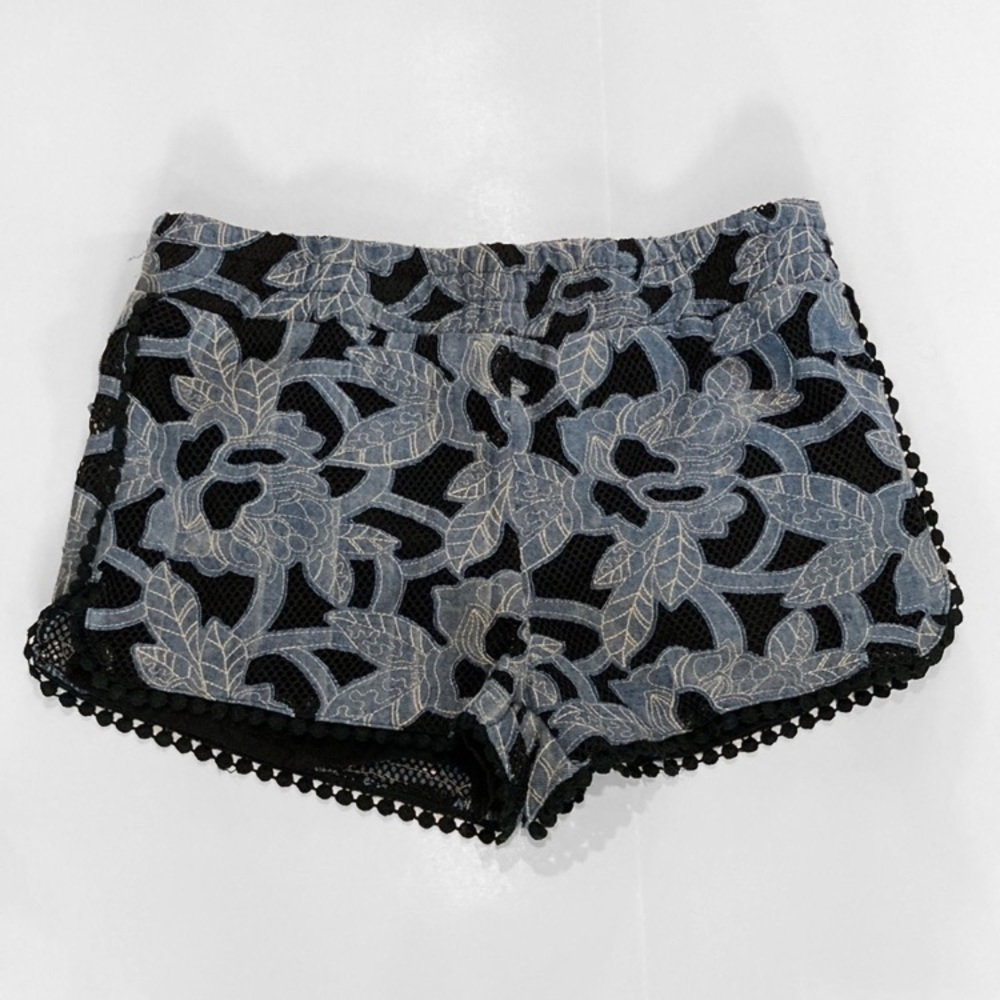 PAPER Crane Blue Textured Short Shorts with Floral pattern and pom pom trim